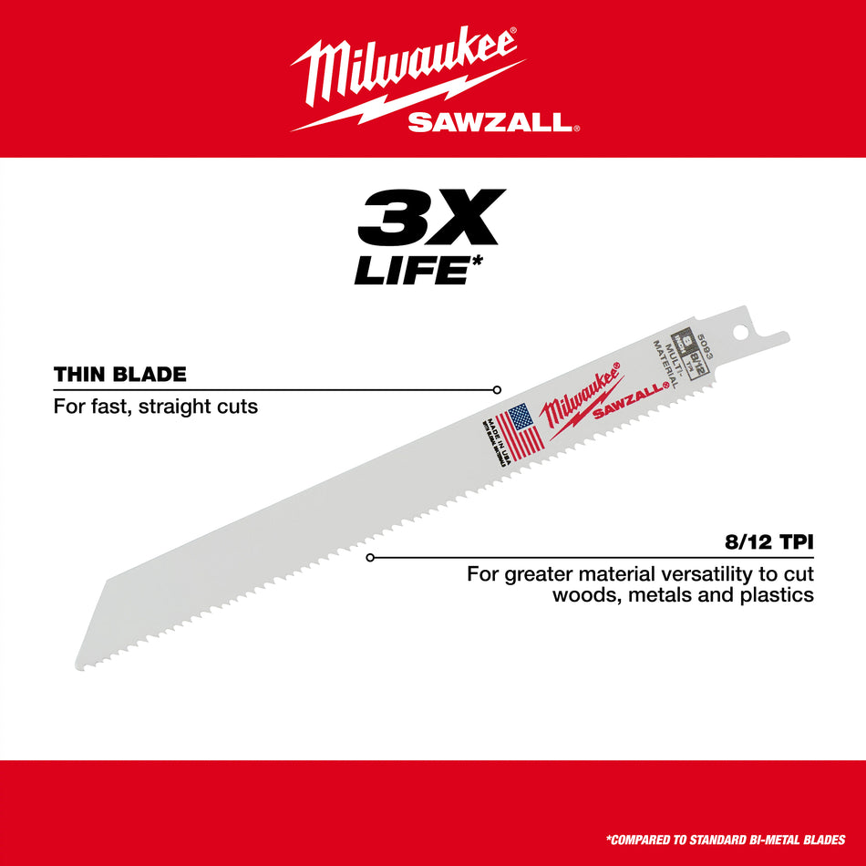 Milwaukee 48-01-7091, 6" 8/12 TPI SAWZALL Blades (100/pkg)