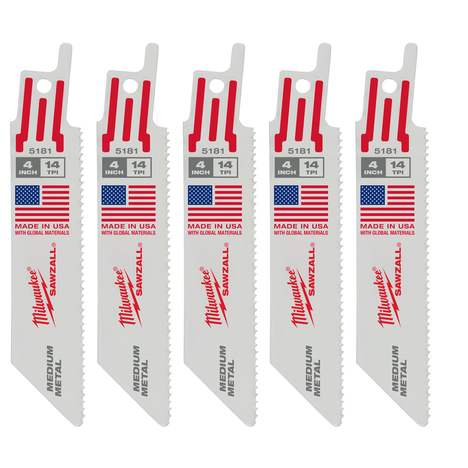 Milwaukee 48-00-5181, 4'' 14 TPI Thin Kerf SAWZALL Blades (5 Pk)