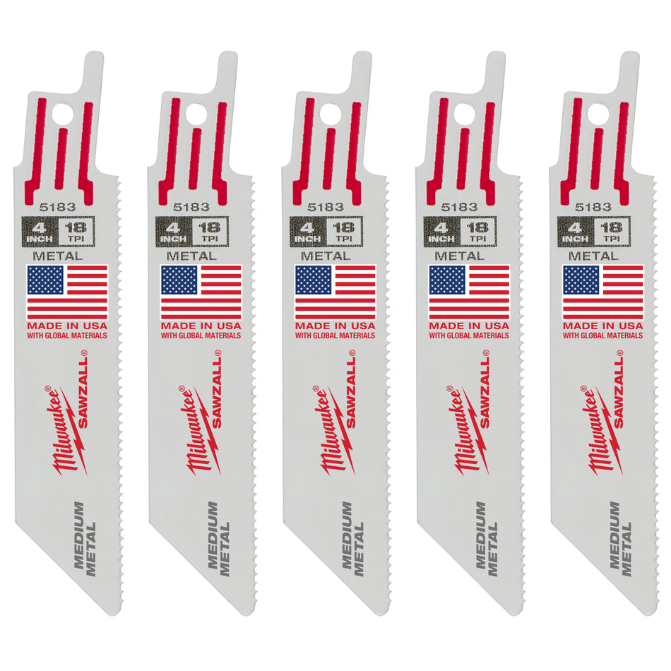 Milwaukee 48-00-5183, 4" 18 TPI Thin Kerf SAWZALL Blades (5/pkg)