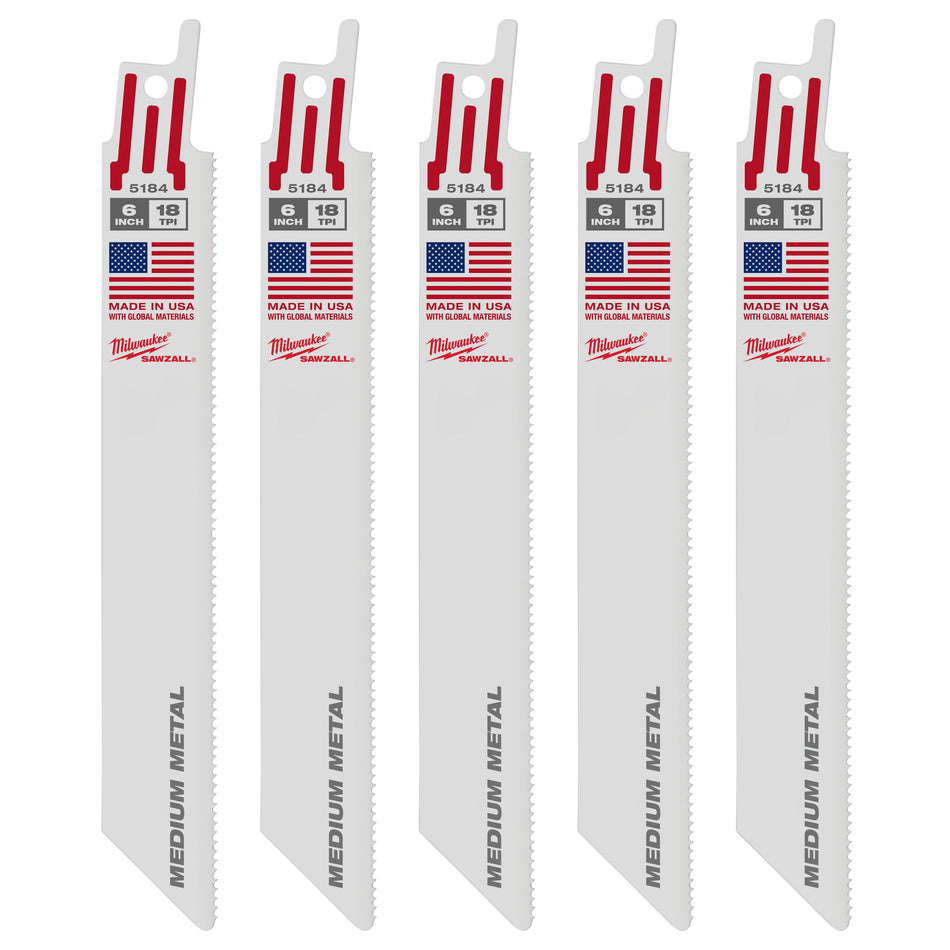 Milwaukee 48-00-5184, 6" 18 TPI Thin Kerf SAWZALL Blades (5/pkg)