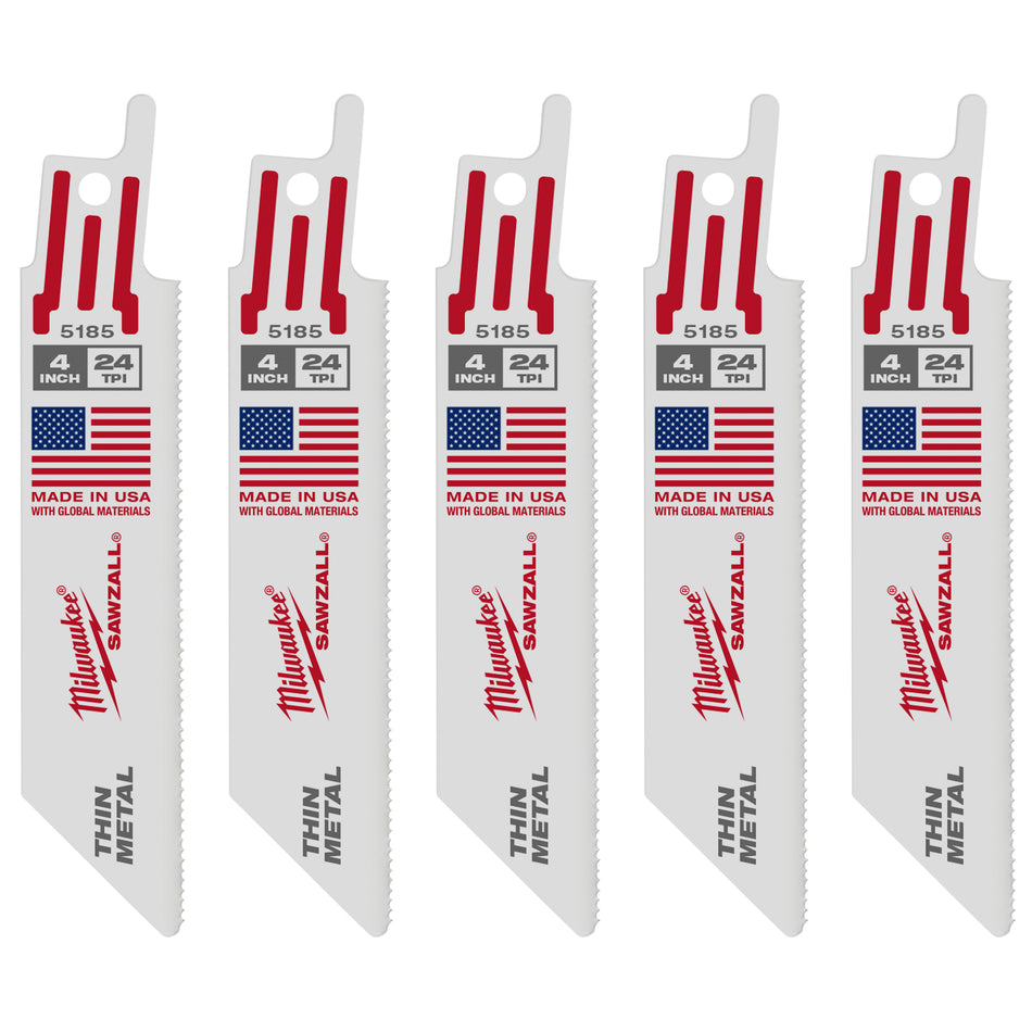 Milwaukee 48-00-5185, 4" 24 TPI Thin Kerf SAWZALL Blades (5/pkg)