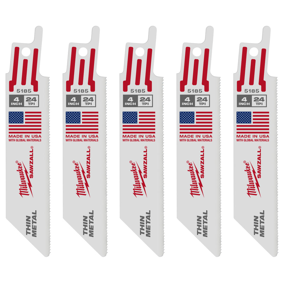 Milwaukee 48-00-5185, 4" 24 TPI Thin Kerf SAWZALL Blades (5/pkg)