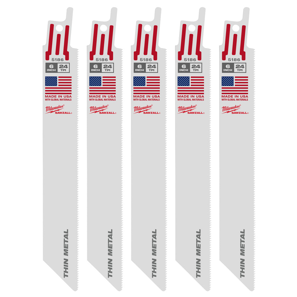 Milwaukee 48-00-5186, 6" 24 TPI Thin Kerf SAWZALL Blades (5/pkg)