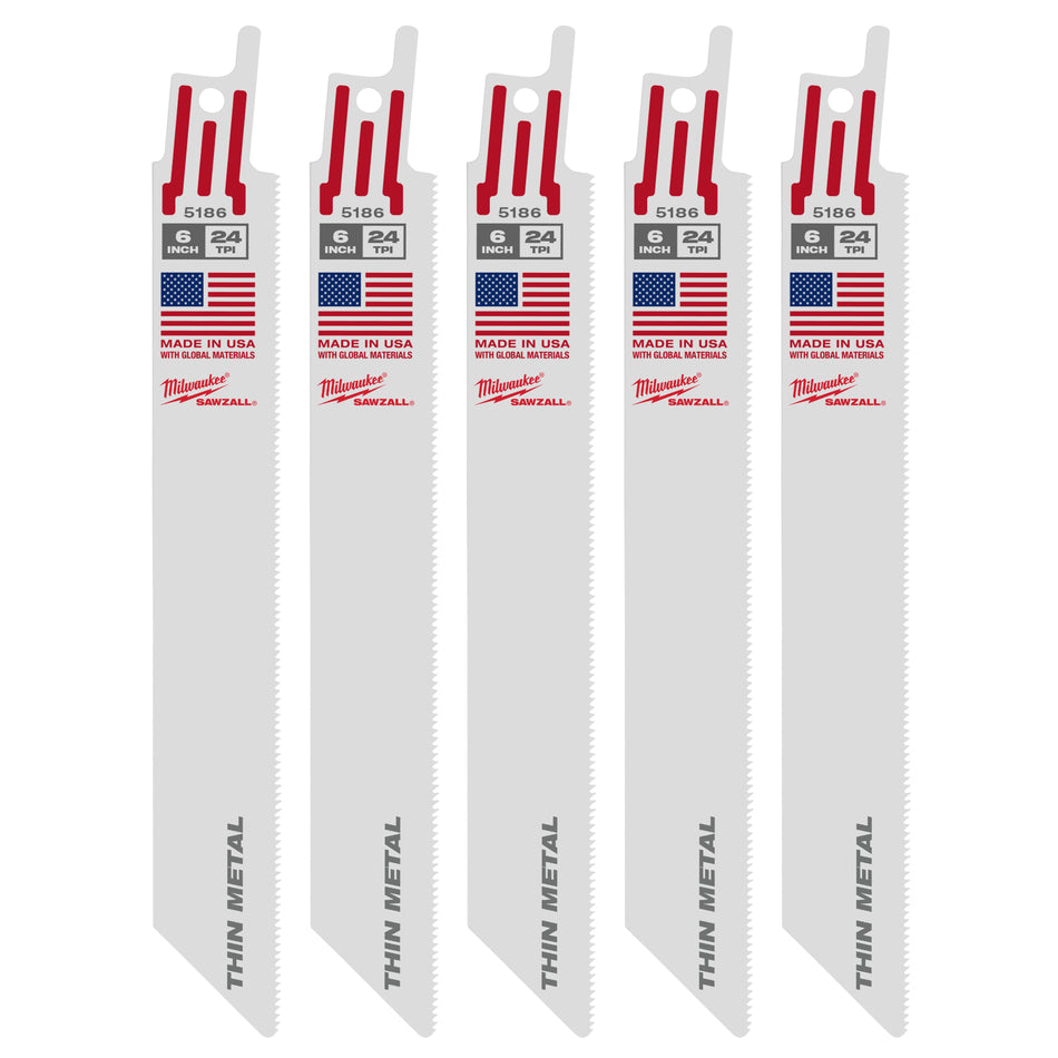 Milwaukee 48-00-8186, 6" 24 TPI Thin Kerf SAWZALL Blades (25/pkg)