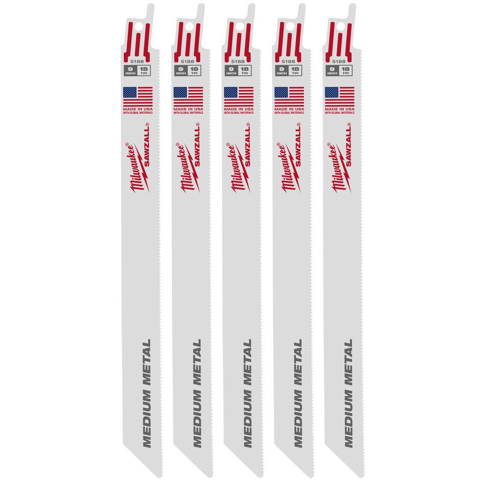 Milwaukee 48-00-5188, 9" 18 TPI Thin Kerf SAWZALL Blades (5/pkg)