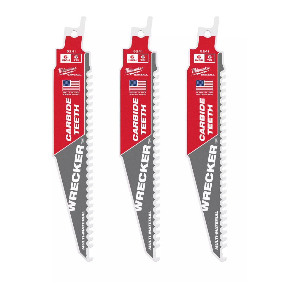 Milwaukee 48-00-5341, 6" 6 TPI THE WRECKER with Carbide Teeth SAWZALL Blade (3/pkg)