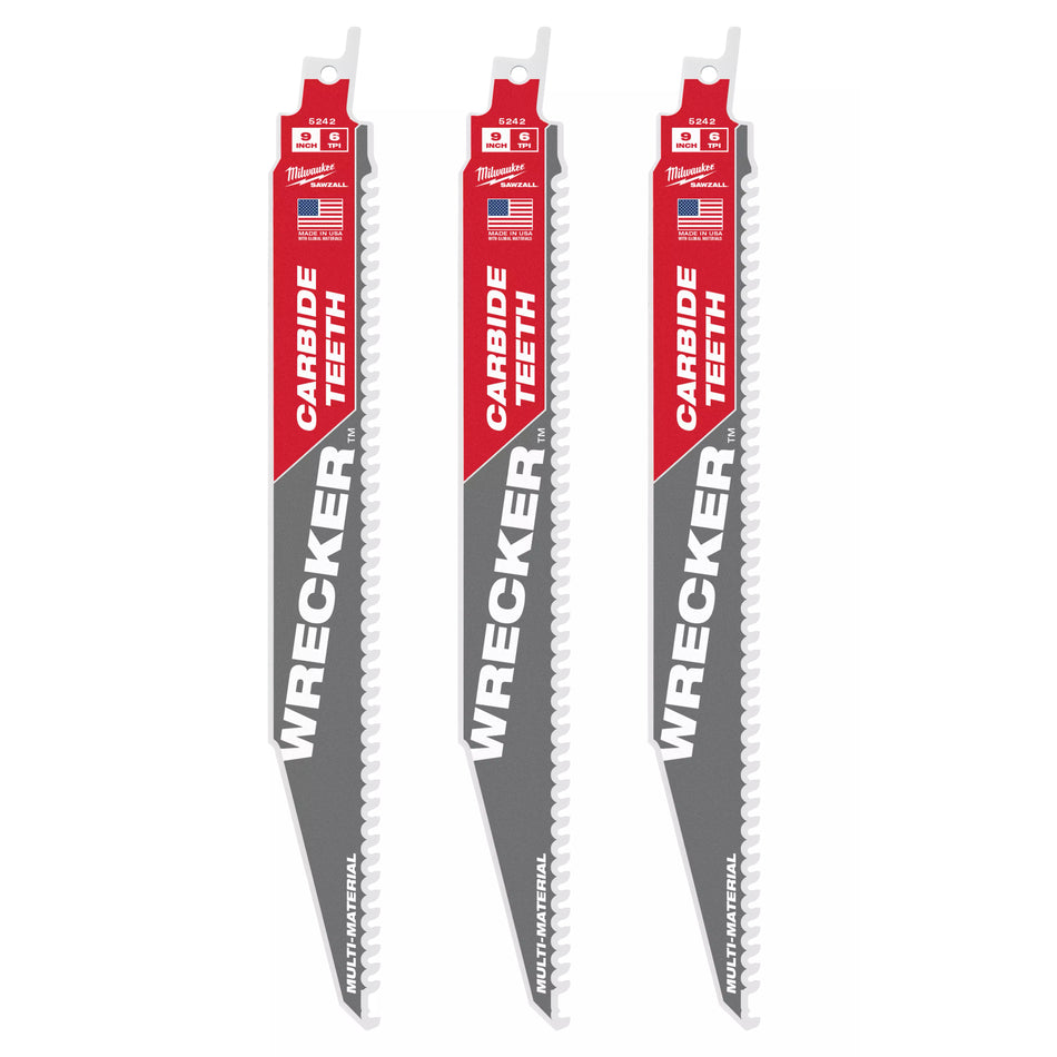 Milwaukee 48-00-5342, 9" 6 TPI THE WRECKER with Carbide Teeth SAWZALL Blade (3/pkg)