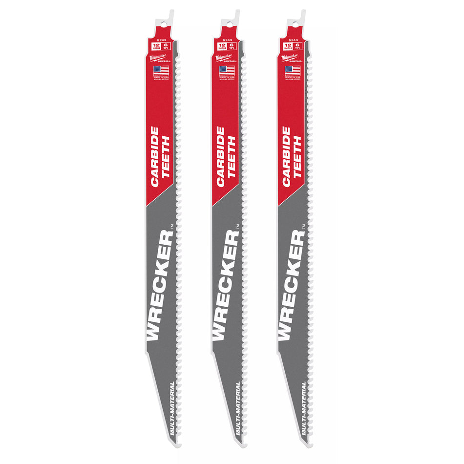 Milwaukee 48-00-5343, 12" 6 TPI THE WRECKER with Carbide Teeth SAWZALL Blade (3/pkg)