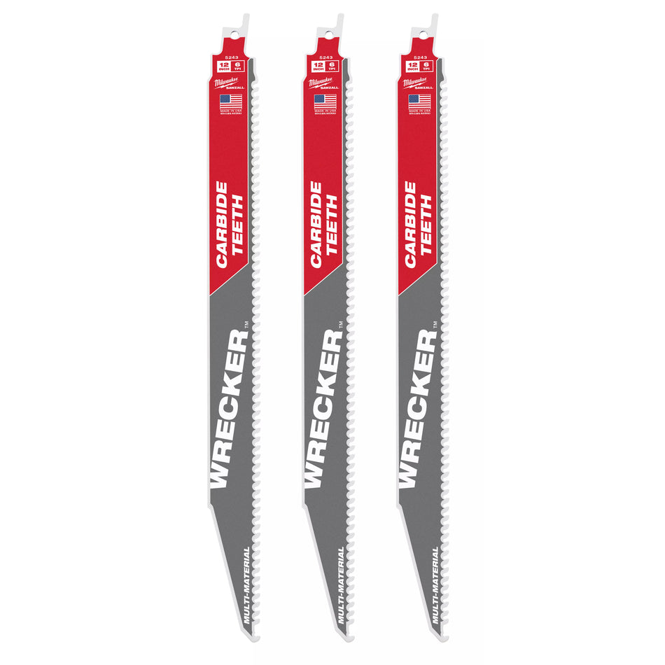 Milwaukee 48-00-5343, 12" 6 TPI THE WRECKER with Carbide Teeth SAWZALL Blade (3/pkg)