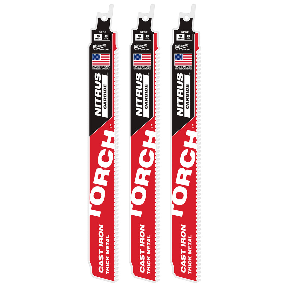 Milwaukee 48-00-5262, 9" 8TPI TORCH™ with NITRUS™ Carbide for Cast Iron SAWZALL® Blade 1PK