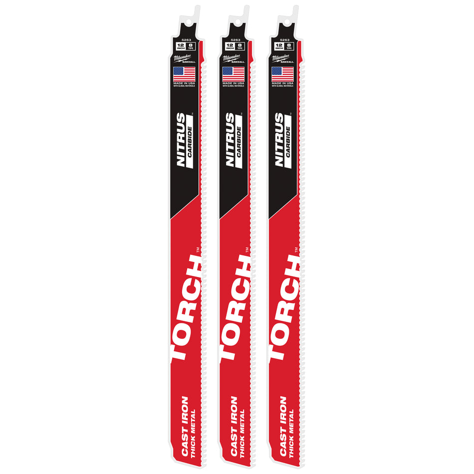 Milwaukee 48-00-5363, 12” 7TPI The TORCH with NITRUS Carbide for Cast Iron SAWZALL Blade (3/pkg)