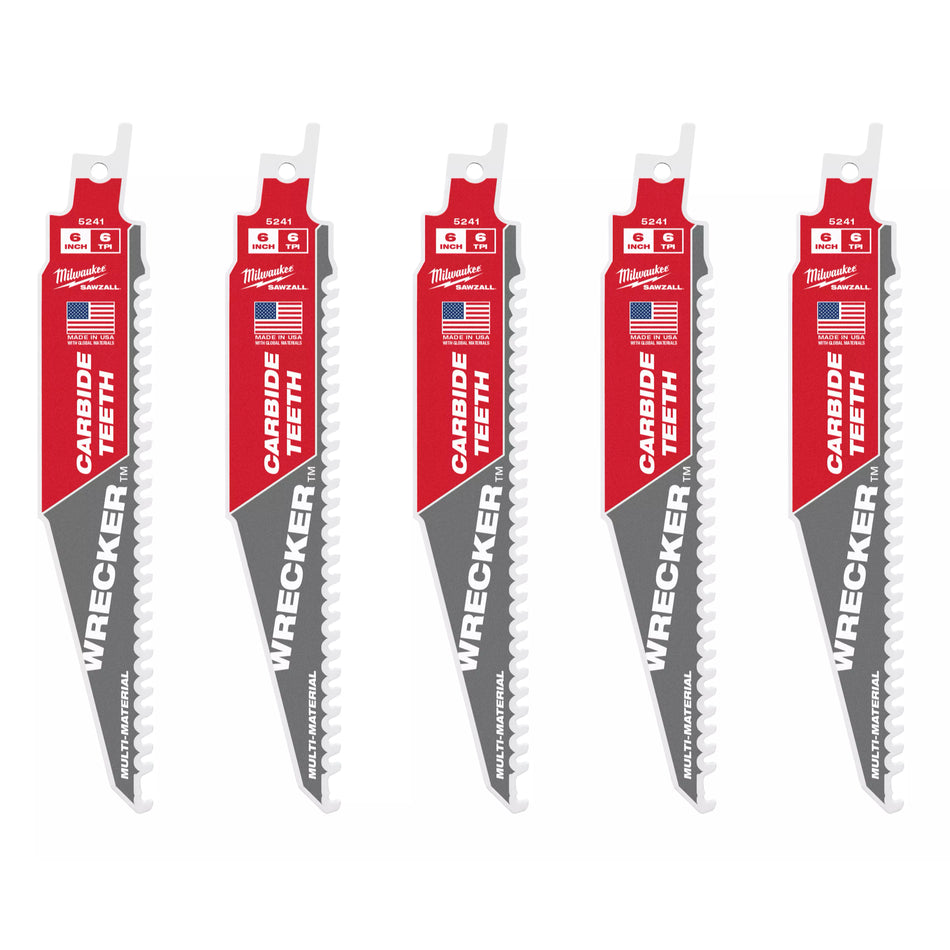 Milwaukee 48-00-5541, 6" 6 TPI THE WRECKER with Carbide Teeth SAWZALL Blade (5/pkg)