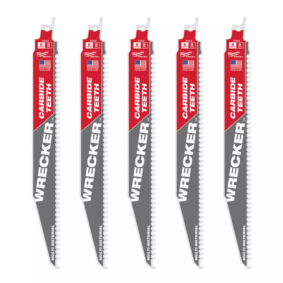 Milwaukee 48-00-5542, 12" 6 TPI THE WRECKER with Carbide Teeth SAWZALL Blade (5/pkg)