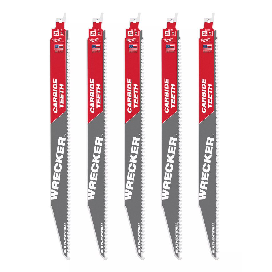 Milwaukee 48-00-5543, 12" 6 TPI THE WRECKER with Carbide Teeth SAWZALL Blade (5/pkg)