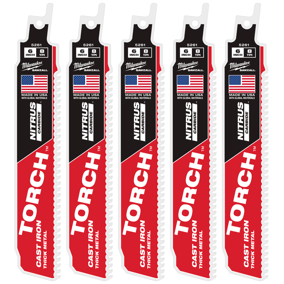 Milwaukee 48-00-5261, 6" 8TPI TORCH™ with NITRUS™ Carbide for Cast Iron SAWZALL® Blade 1PK