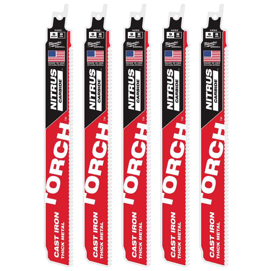 Milwaukee 48-00-5562, 9" 8TPI TORCH™ with NITRUS™ Carbide for Cast Iron SAWZALL® Blade 5PK