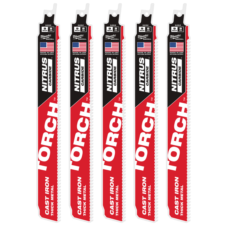 Milwaukee 48-00-5562, 9" 8TPI TORCH™ with NITRUS™ Carbide for Cast Iron SAWZALL® Blade 5PK