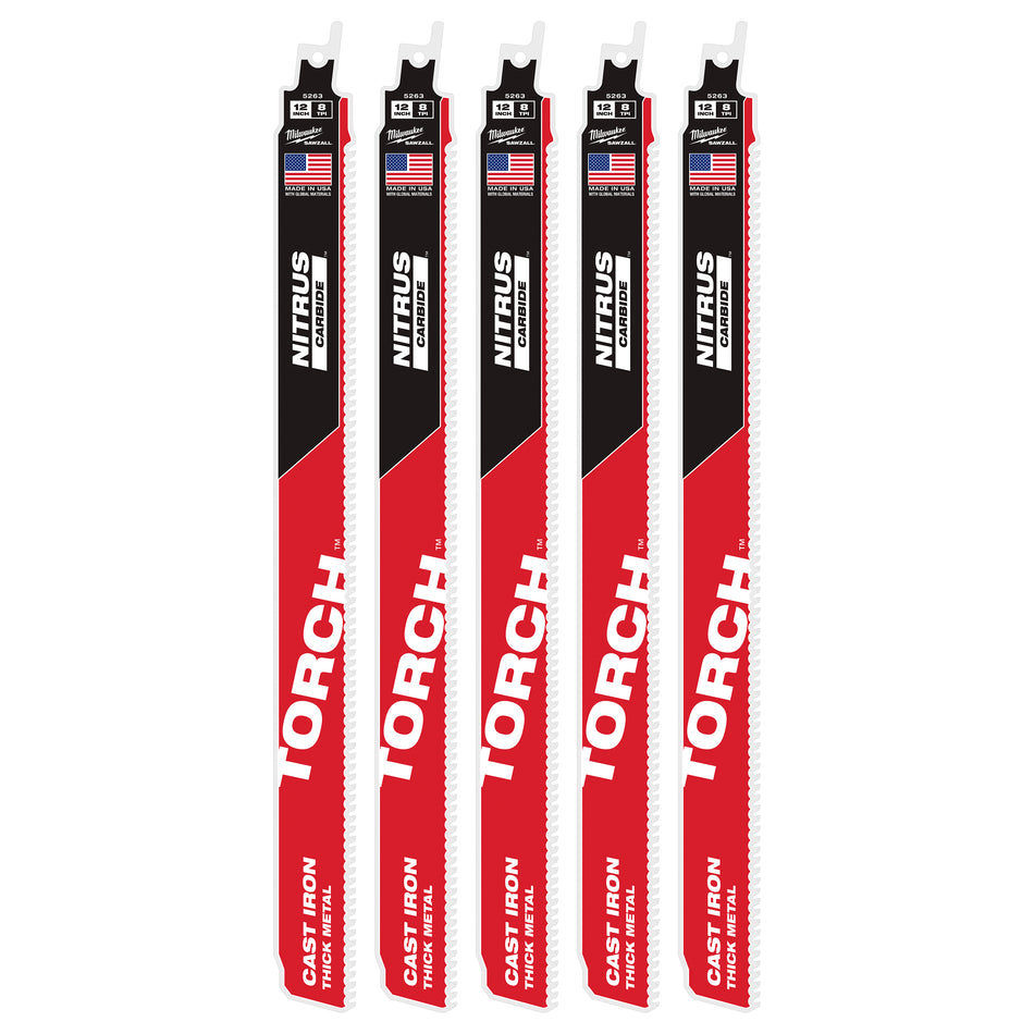 Milwaukee 48-00-5563, 12” 7TPI The TORCH with NITRUS Carbide for Cast Iron SAWZALL Blade (5/pkg)