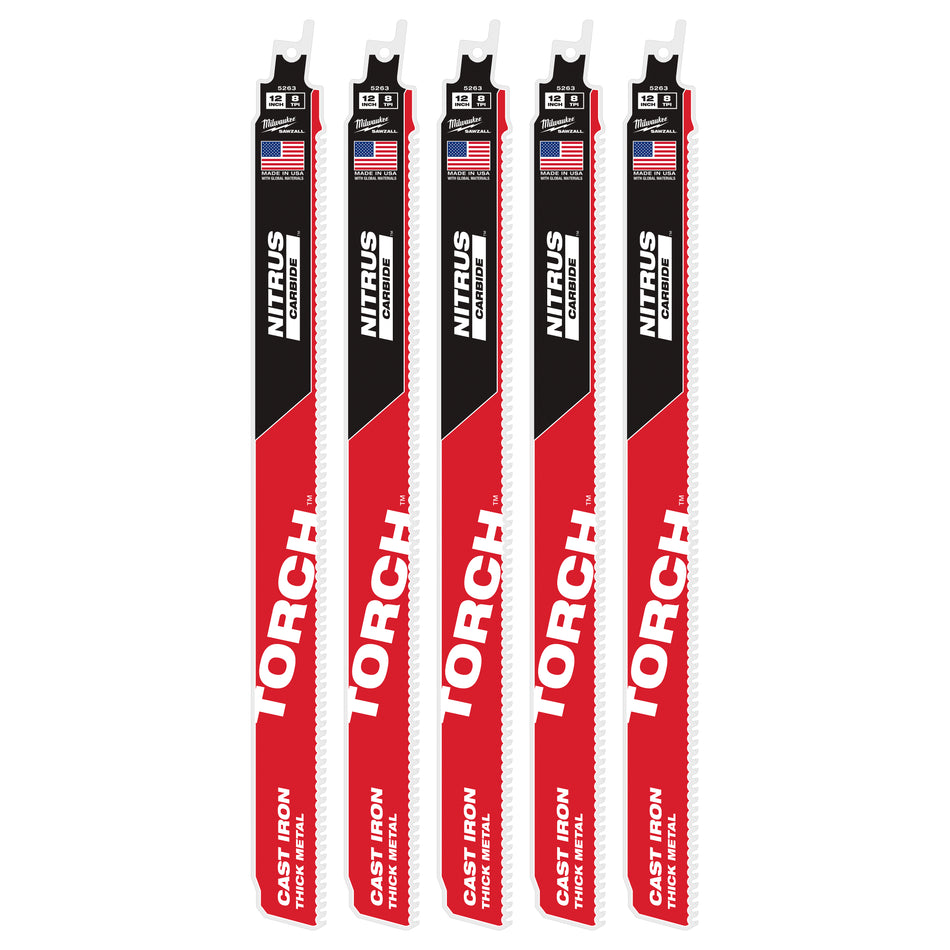 Milwaukee 48-00-5563, 12” 7TPI The TORCH with NITRUS Carbide for Cast Iron SAWZALL Blade (5/pkg)