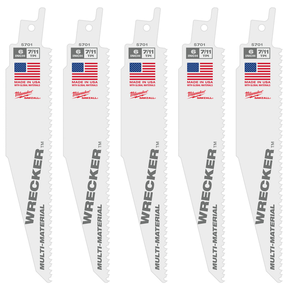 Milwaukee 48-00-5701, The WRECKER Multi-Material SAWZALL Blade 6'' 7/11TPI 5pk
