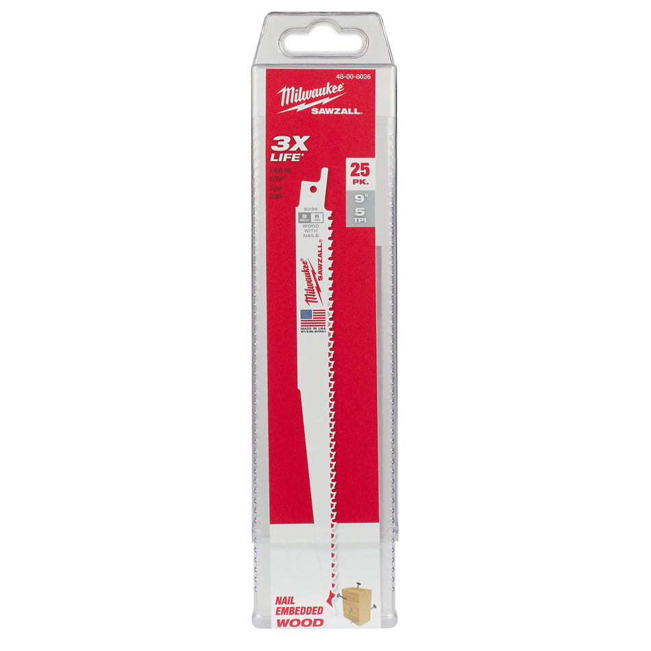 Milwaukee 48-00-8036, 9" 5 TPI Sawzall Blades (25/pkg)