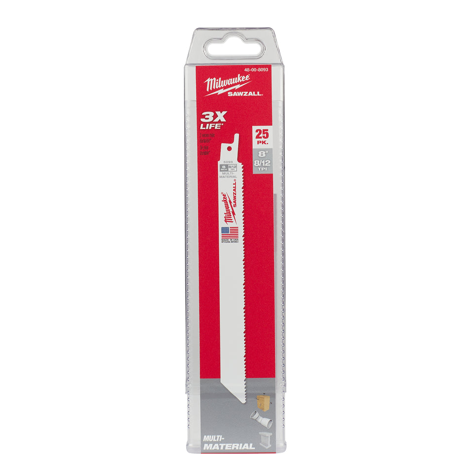 Milwaukee 48-00-8093, 8" 8/12 TPI SAWZALL Blades (25/pkg)