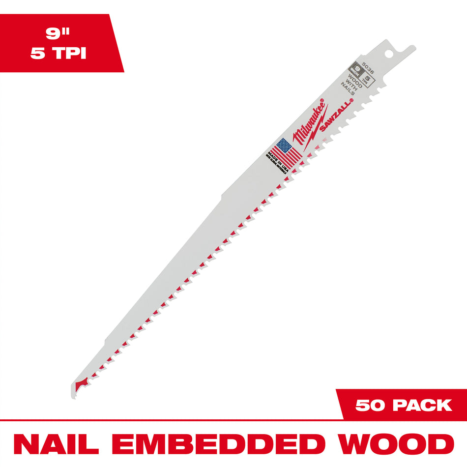 Milwaukee 48-01-6036, 9" 5 TPI Thin Kerf SAWZALL Blade (50/pkg)