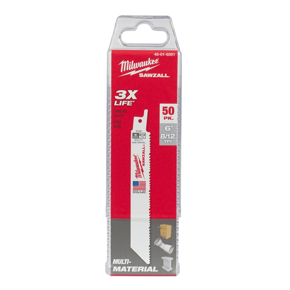 Milwaukee 48-01-6091, 6" 8/12 TPI SAWZALL Blades (50/pkg)
