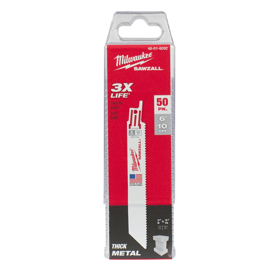 Milwaukee 48-01-6092, 6" 10 TPI Thin Kerf SAWZALL Blades (50/pkg)