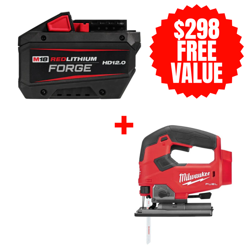 Milwaukee 48-11-1813 + 2737-20, M18™ REDLITHIUM™ FORGE™ HD12.0 Battery + FREE M18 FUEL D-Handle Jigsaw (Tool Only)