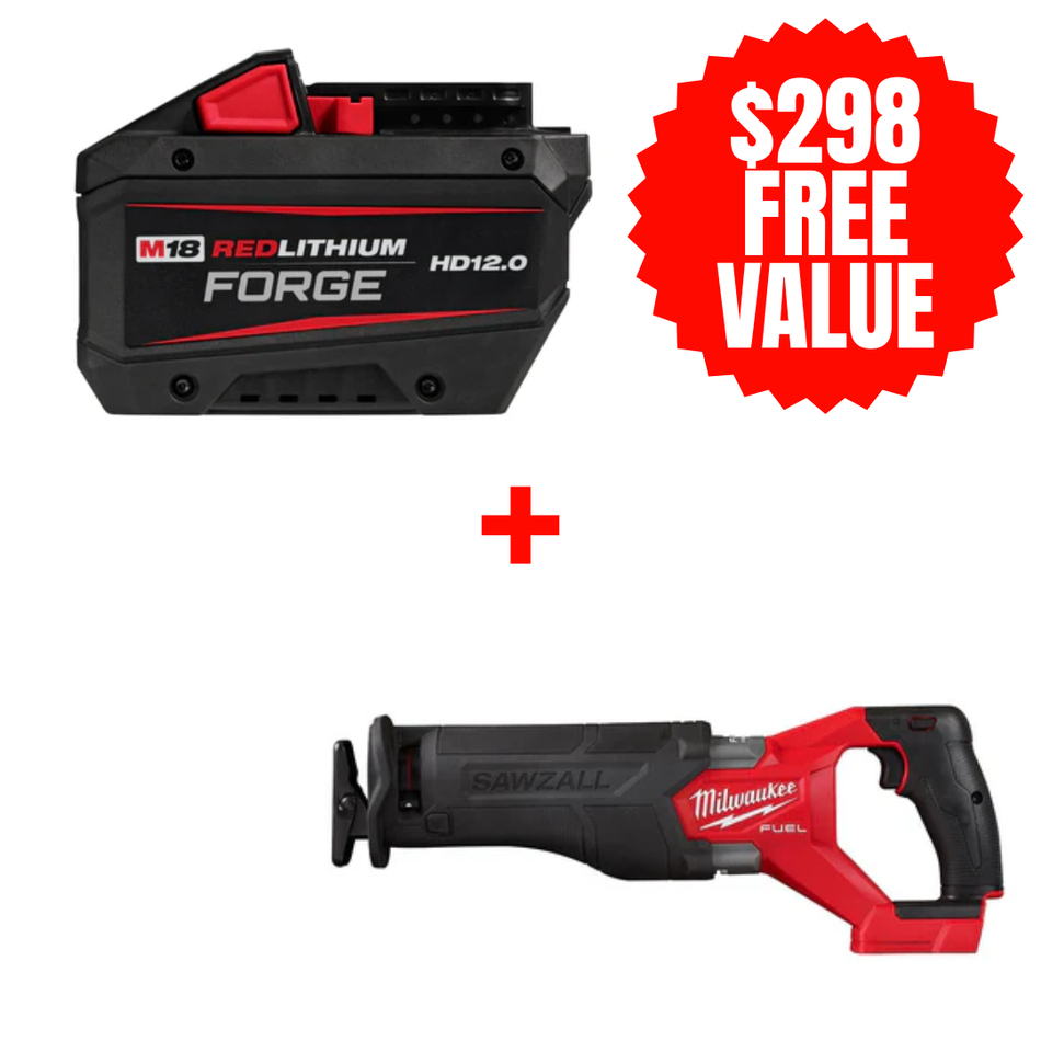 Milwaukee 48-11-1813 + 2821-20, M18™ REDLITHIUM™ FORGE™ HD12.0 Battery + FREE M18 FUEL SAWZALL Recip Saw (Tool Only)