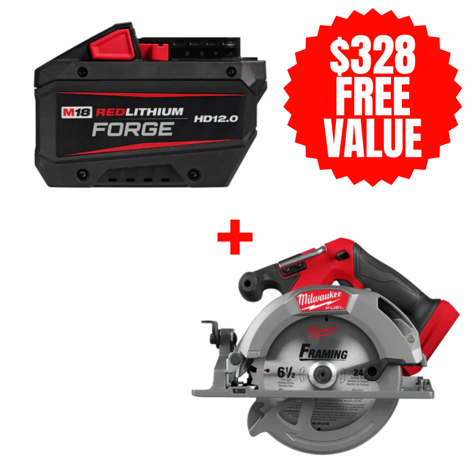 Milwaukee 48-11-1813 + 2833-20, M18™ REDLITHIUM™ FORGE™ HD12.0 Battery + FREE M18 FUEL™ 6-1/2” Circular Saw (Tool Only)