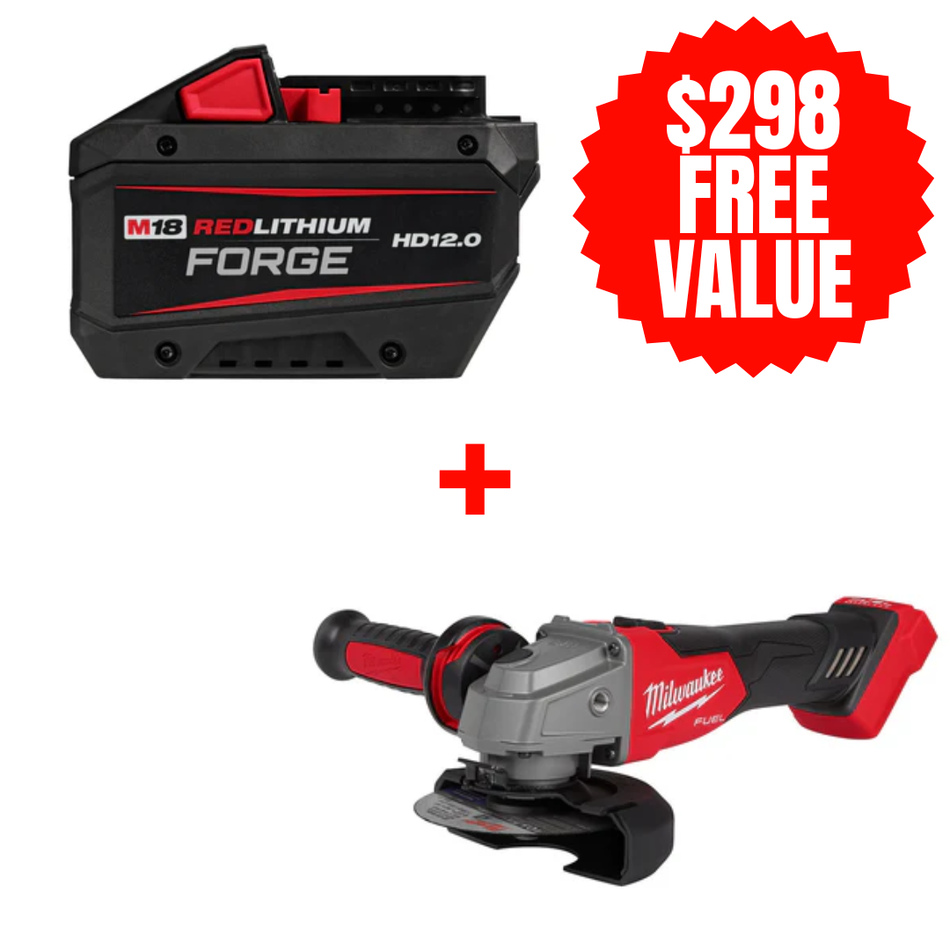 Milwaukee 48-11-1813 + 2880-20, M18™ REDLITHIUM™ FORGE™ HD12.0 Battery + FREE M18 FUEL 4-1/2" / 5" Grinder Paddle Switch, No-Lock (Tool Only)