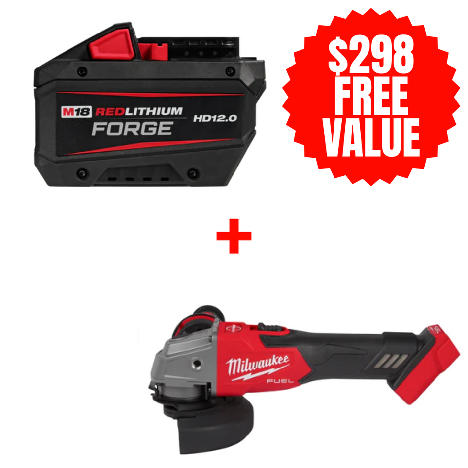 Milwaukee 48-11-1813 + 2881-20, M18™ REDLITHIUM™ FORGE™ HD12.0 Battery + FREE M18 FUEL Brushless Cordless 4-1/2" / 5" Grinder Slide Switch, Lock-On (Tool Only)