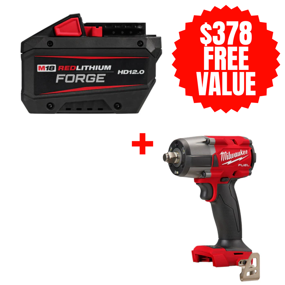 Milwaukee 48-11-1813 + 2962-20, M18™ REDLITHIUM™ FORGE™ HD12.0 Battery + FREE M18 FUEL 1/2" Mid-Torque Impact Wrench w/ Friction Ring (Tool Only)