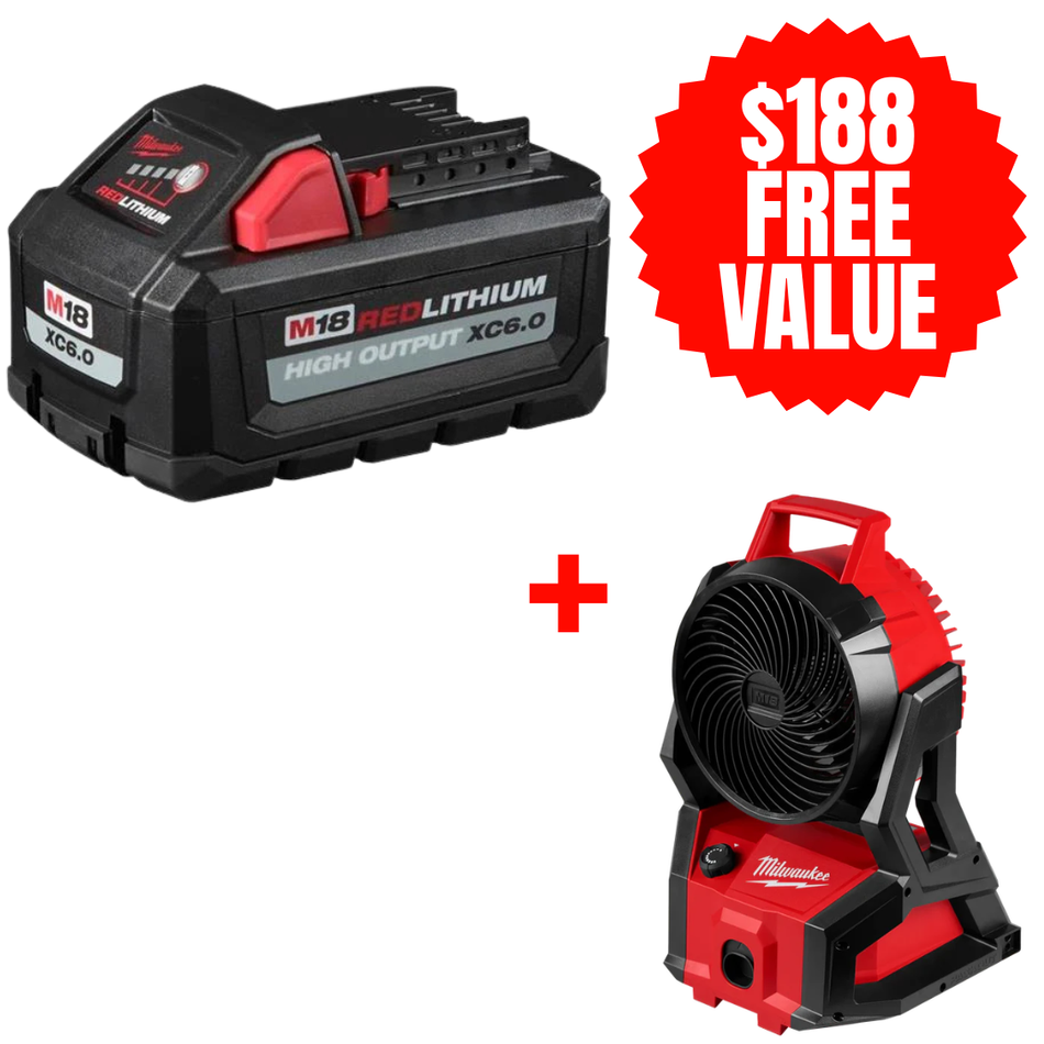 Milwaukee 48-11-1865 + 0818-20, M18 REDLITHIUM High Output Battery (6.0 Ah) + FREE M18™ Brushless PACKOUT™ Fan