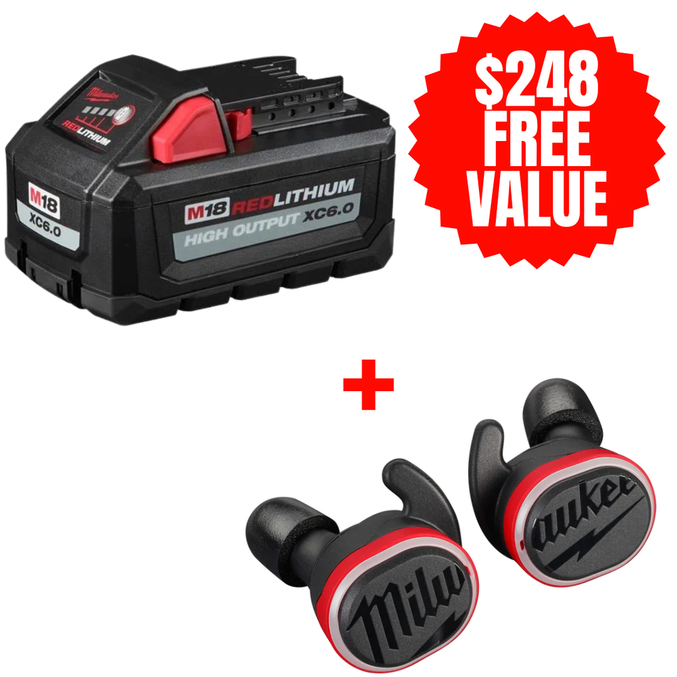 Milwaukee 48-11-1865 + 2191-21, M18 REDLITHIUM High Output Battery (6.0 Ah) + FREE REDLITHIUM™ USB Bluetooth® Jobsite Ear Buds