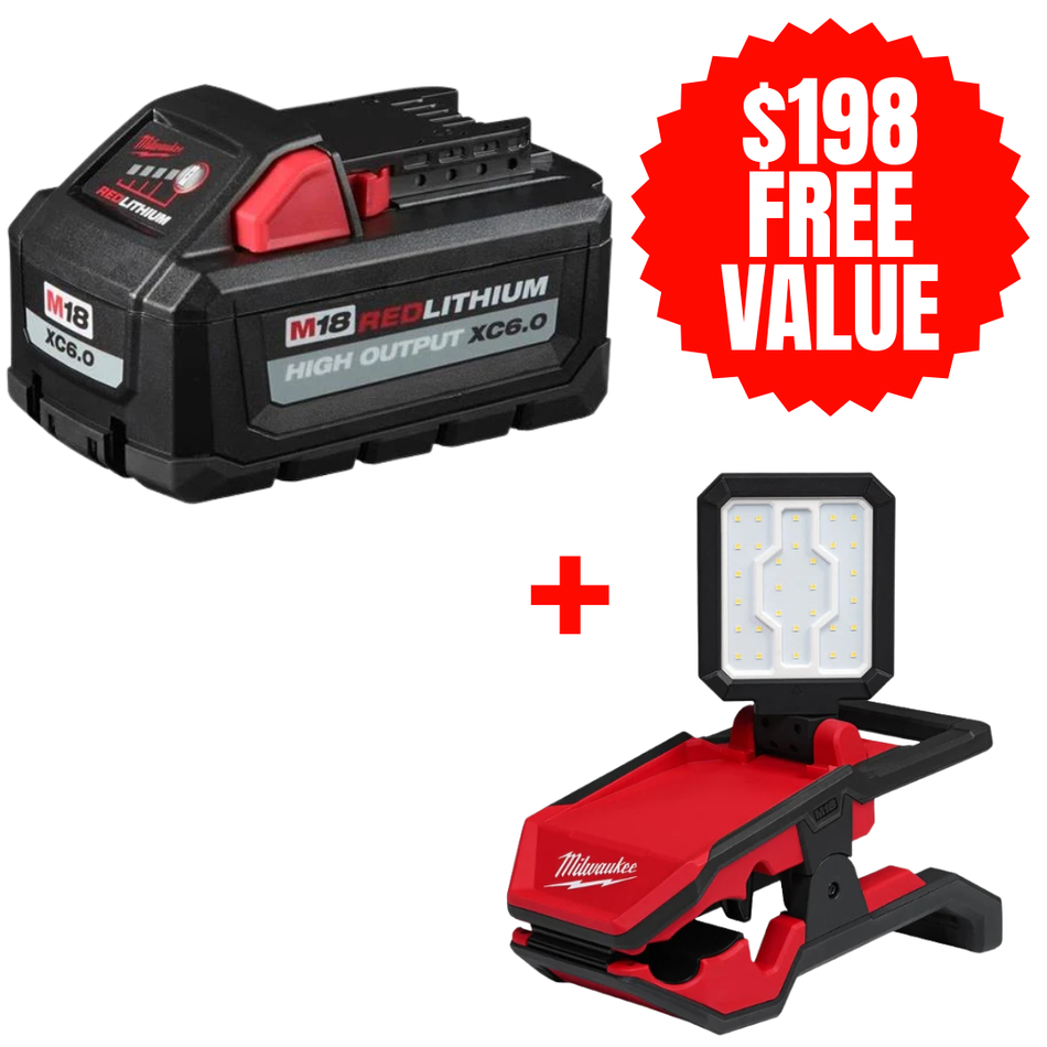 Milwaukee 48-11-1865 + 2358-20, M18 REDLITHIUM High Output Battery (6.0 Ah) + FREE M18™ ROVER™ Clamping Flood Light