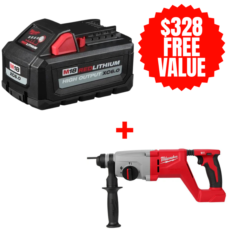 Milwaukee 48-11-1865 + 2613-20, M18 REDLITHIUM High Output Battery (6.0 Ah) +FREE M18™ Brushless 1” SDS Plus D-Handle Rotary Hammer
