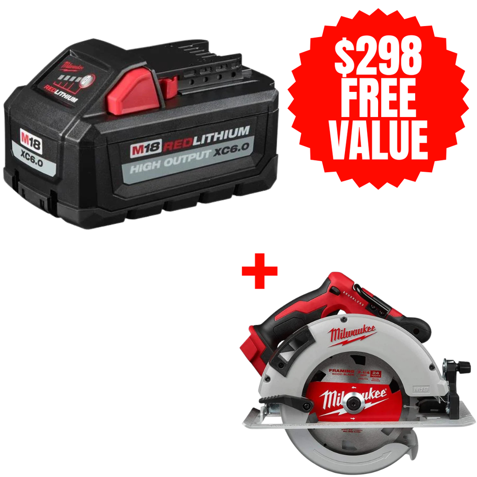 Milwaukee 48-11-1865 + 2631-20, M18 REDLITHIUM High Output Battery (6.0 Ah) + FREE M18 7-1/4" Brushless Circular Saw (Tool Only)