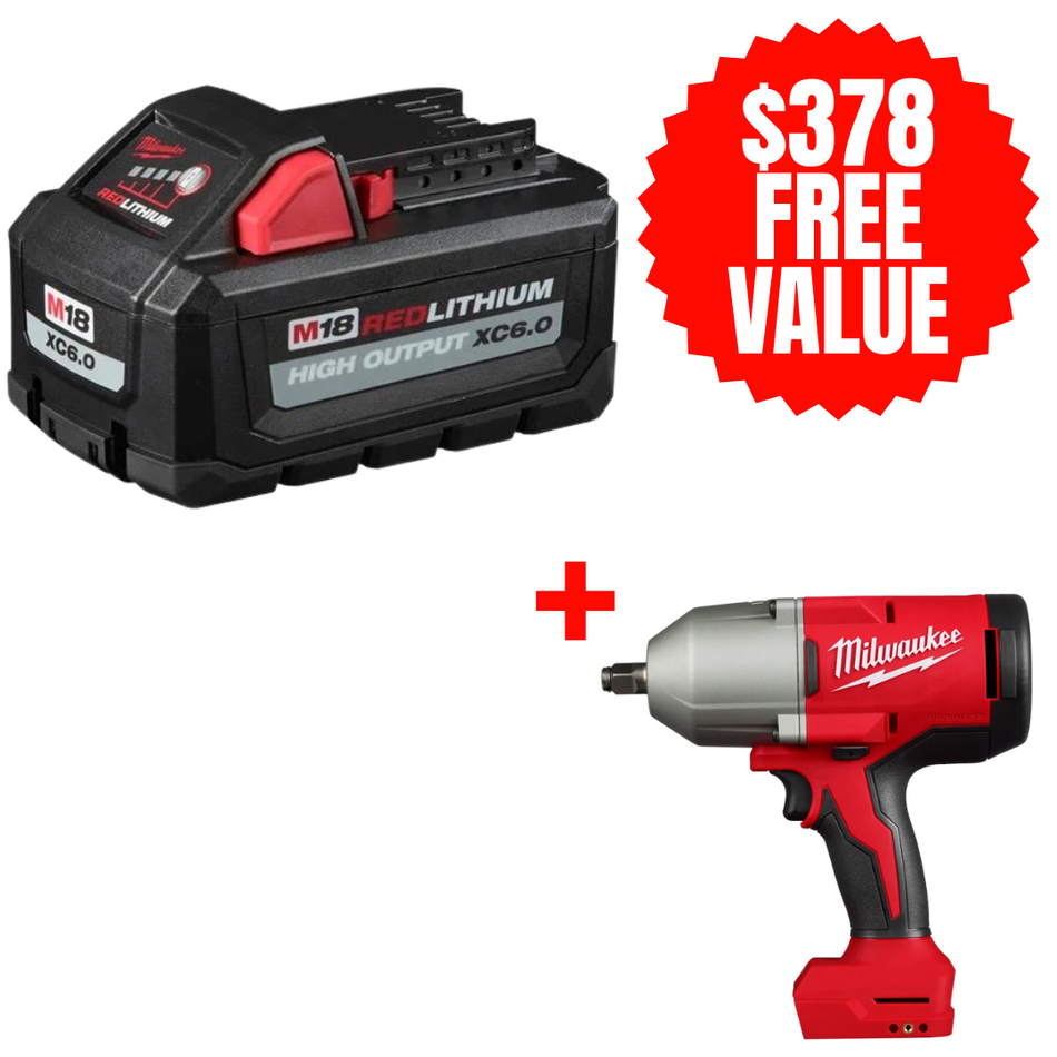 Milwaukee 48-11-1865 + 2666-20, M18 REDLITHIUM High Output Battery (6.0 Ah) + FREE M18™ Brushless 1/2" High Torque Impact Wrench w/ Friction Ring
