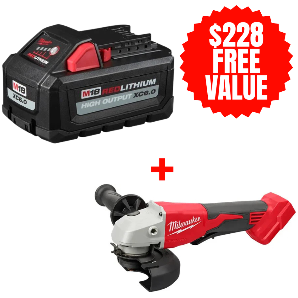 Milwaukee 48-11-1865 + 2686-20, M18 REDLITHIUM High Output Battery (6.0 Ah) + FREE M18™ Brushless 4-1/2" / 5" Cut-Off Grinder, Paddle Switch