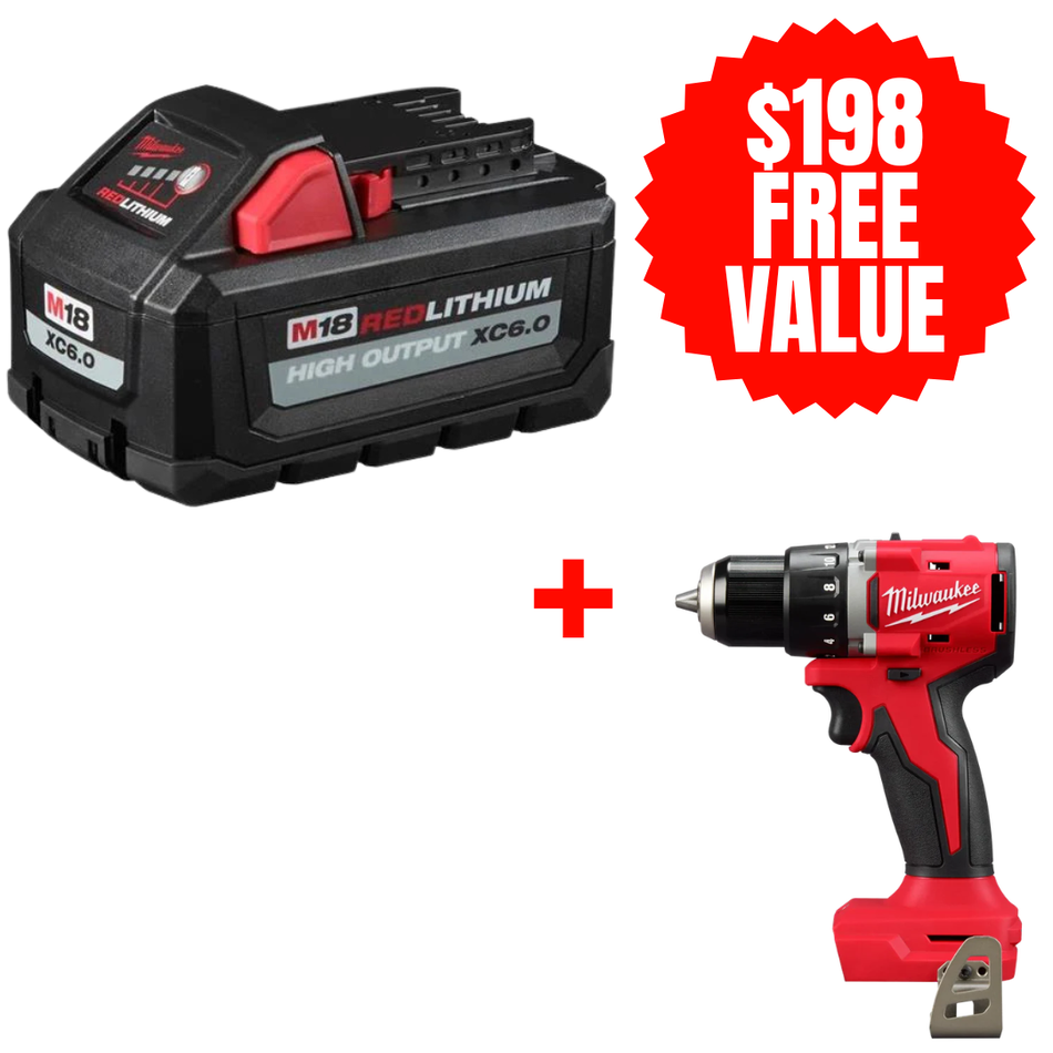 Milwaukee 48-11-1865 + 3601-20, M18 REDLITHIUM High Output Battery (6.0 Ah) + FREE M18™ Compact Brushless 1/2" Drill/ Driver