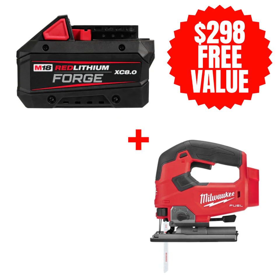 Milwaukee 48-11-1881 + 2737-20, M18™ REDLITHIUM™ FORGE™ XC8.0 Battery Pack + FREE M18 FUEL D-Handle Jigsaw (Tool Only)