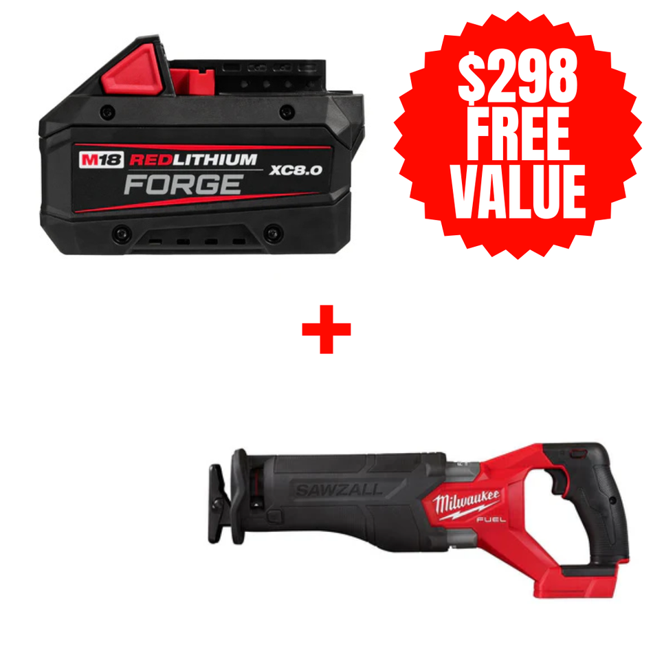Milwaukee 48-11-1881 + 2821-20, M18™ REDLITHIUM™ FORGE™ XC8.0 Battery Pack + FREE M18 FUEL SAWZALL Recip Saw (Tool Only)
