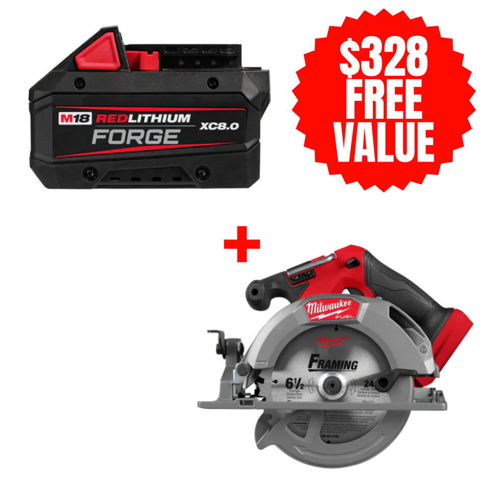 Milwaukee 48-11-1881 + 2833-20, M18™ REDLITHIUM™ FORGE™ XC8.0 Battery Pack + FREE M18 FUEL™ 6-1/2” Circular Saw (Tool Only)