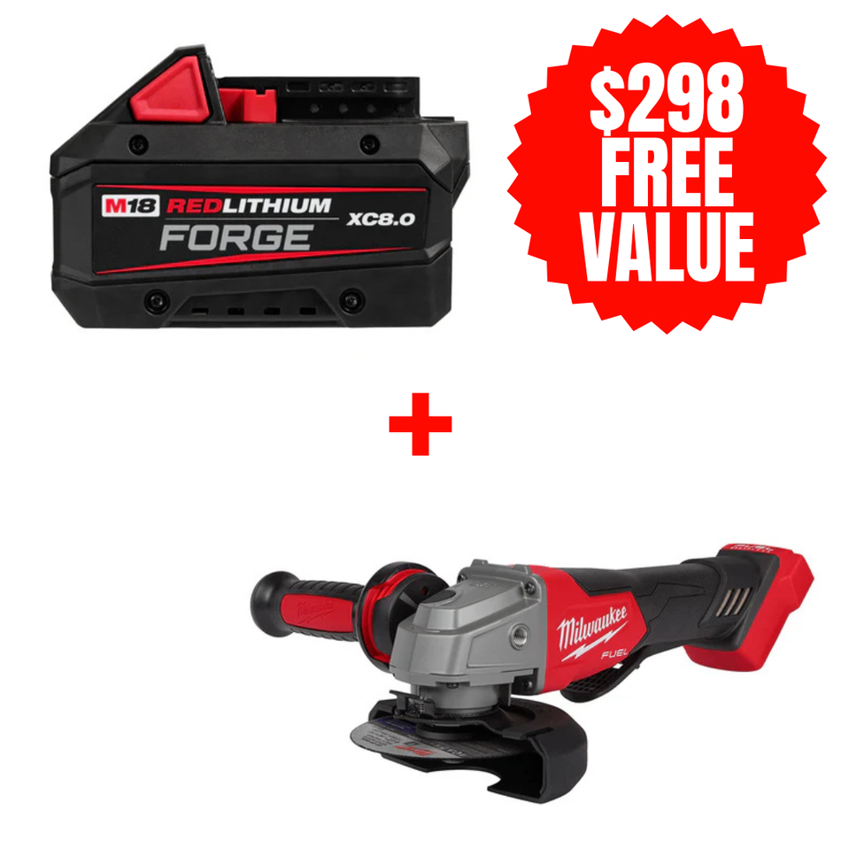 Milwaukee 48-11-1881 + 2880-20, M18™ REDLITHIUM™ FORGE™ XC8.0 Battery Pack + FREE M18 FUEL 4-1/2" / 5" Grinder Paddle Switch, No-Lock (Tool Only)