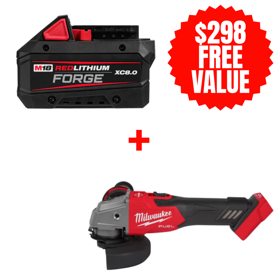 Milwaukee 48-11-1881 + 2881-20, M18™ REDLITHIUM™ FORGE™ XC8.0 Battery Pack + FREE M18 FUEL Brushless Cordless 4-1/2" / 5" Grinder Slide Switch, Lock-On (Tool Only)
