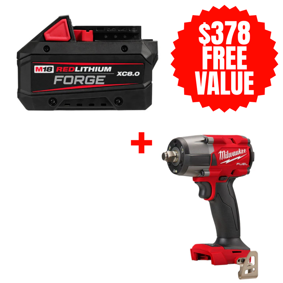 Milwaukee 48-11-1881 + 2962-20, M18™ REDLITHIUM™ FORGE™ XC8.0 Battery Pack + FREE M18 FUEL 1/2" Mid-Torque Impact Wrench w/ Friction Ring (Tool Only)