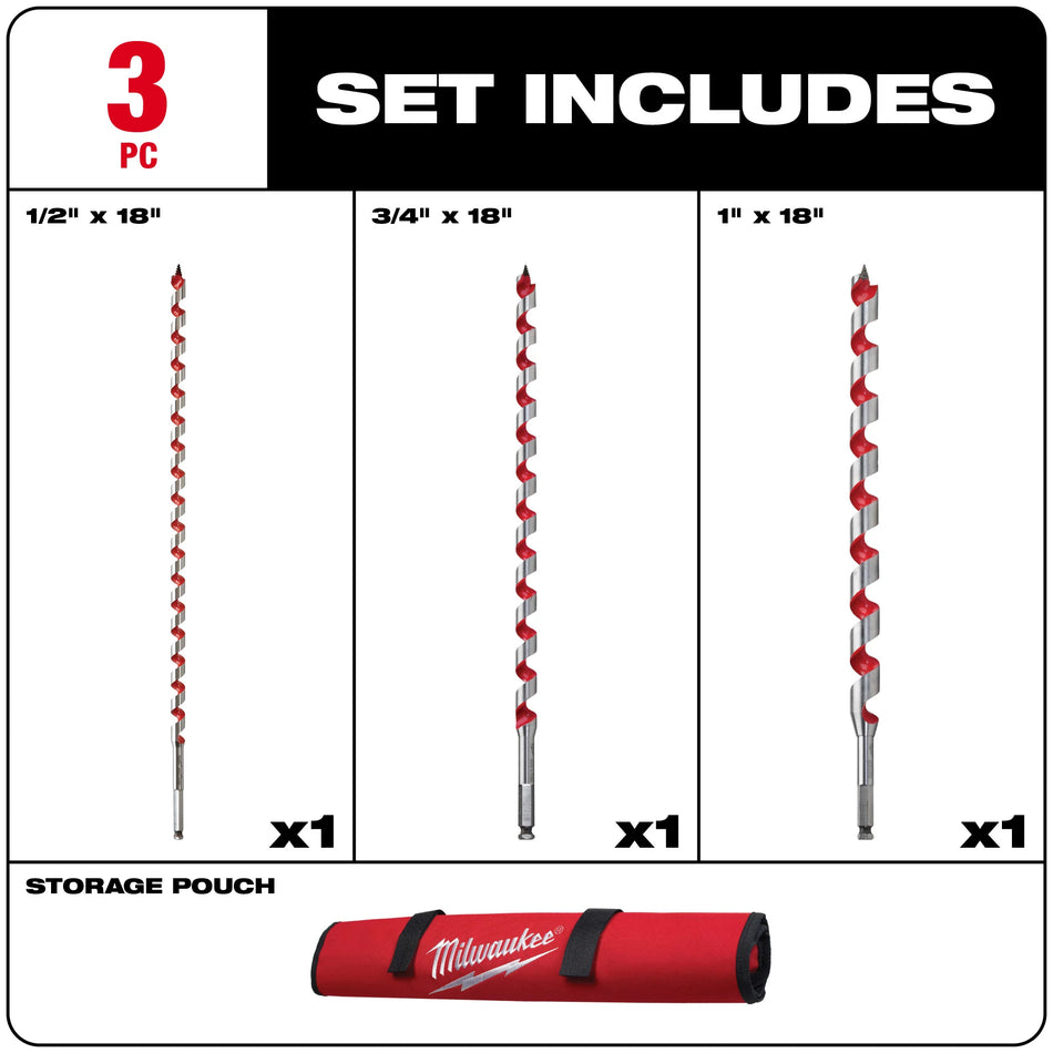 Milwaukee 48-13-3000, Ship Auger Bit Set 18" (3 PC)